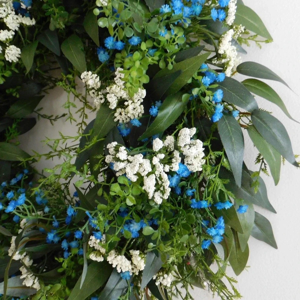 Artificial Year Round Greenery Wreath Blue‎ and White Flowers Housewarming Gift